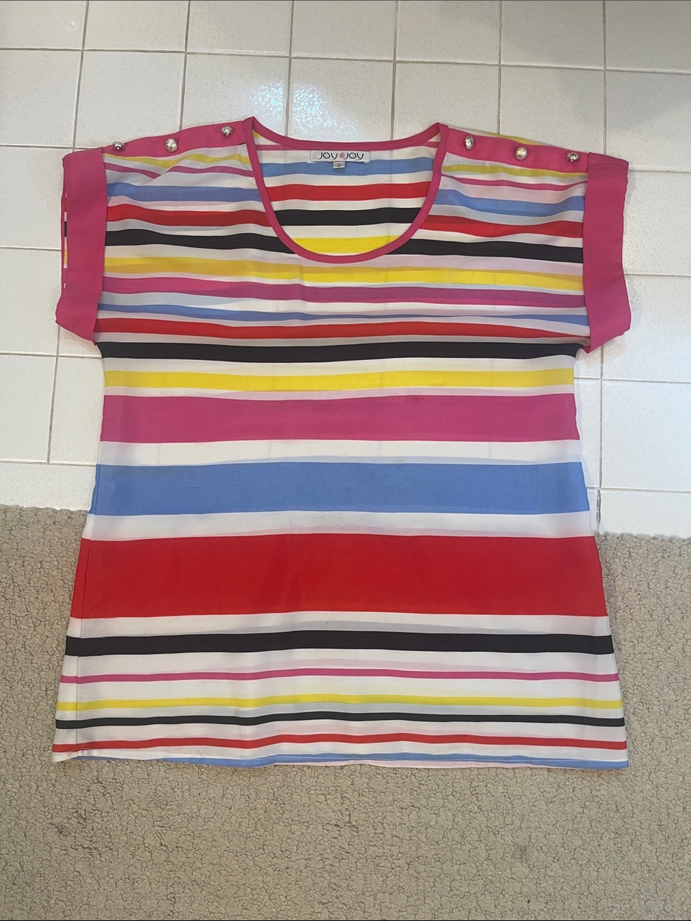Joy Joy Pink Multi-Color Striped Short Sleeve Top